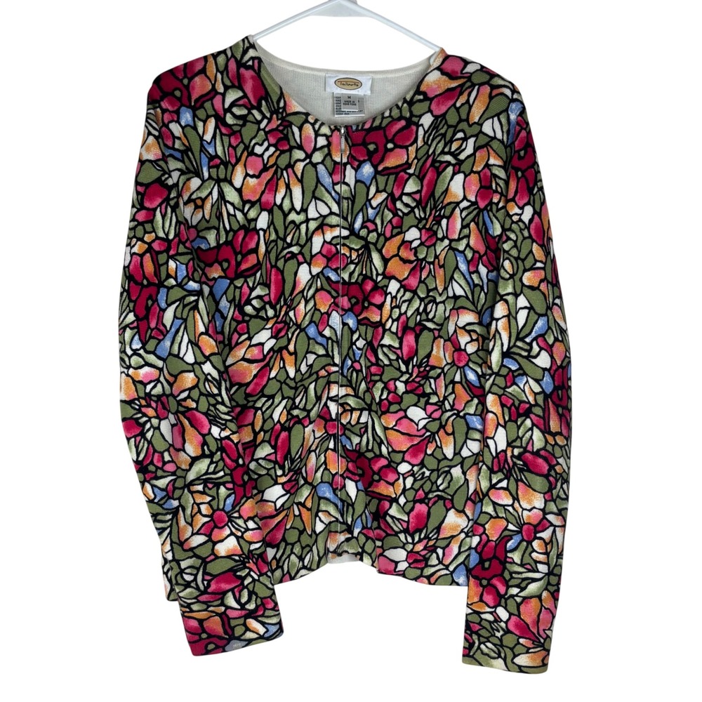 Talbots Cardigan Sweater Womens Medium M Multi Color Cotton Zip Stained Glass